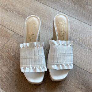 Jessica Simpson White Ruffle wedges